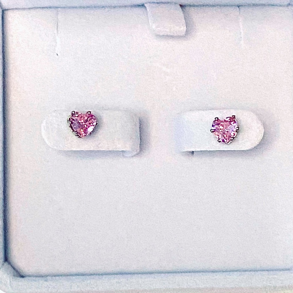 Pink Heart Stud Earrings - Sparkling Pink silver tone